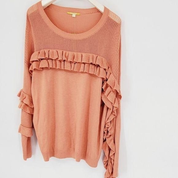 Gianni Bini Myra Salmon Peach French Twist Ruffle Long Sleeve Sweater Large 12 - Picture 3 of 11